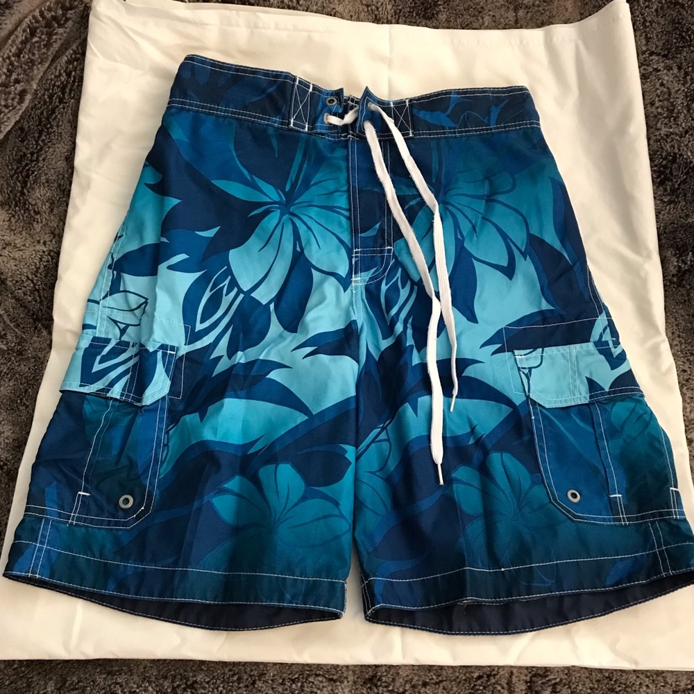 Men’s Blue Hawaiian Print Swim Trunks